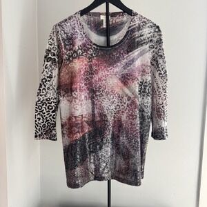 Chico's 3 XL Leopard Print‎ Sequin Burnout Top 3/4 Sleeve Tunic Artsy